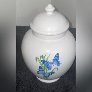 FTD Vintage White Ceramic Ginger Jar with Blue Butterfly Designs Good Condition
